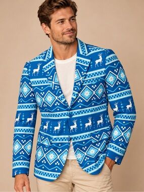 Offstream Men’s Blue Reindeer Fair Isle Christmas Blazer Size M